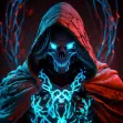 Cyber Skeleton Fantasy Stock Photo with Neon Glow and Blacklight featuring a person with a hood on, surrounded by a surreal neon glow 