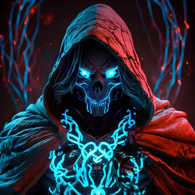 Cyber Skeleton Fantasy Stock Photo with Neon Glow and Blacklight featuring a person with a hood on, surrounded by a surreal neon glow 