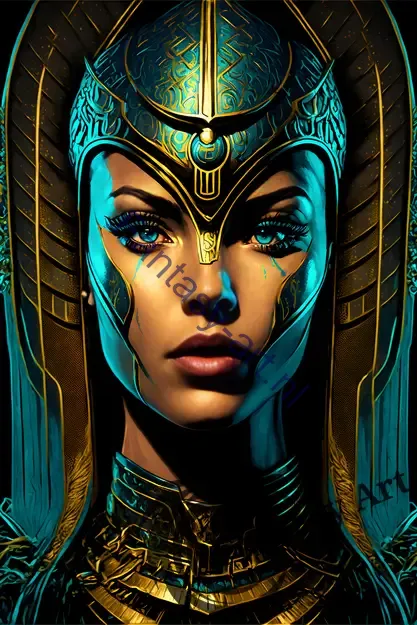 Highly detailed digital art of a Cyberpunk Egyptian Alien Empress Warrior wearing a futuristic helmet, highlighted by the striking use of cyan, showcasing the intricate details of the woman's face