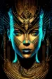 Highly detailed vector illustration of a Cyberpunk Egyptian Alien Empress Warrior with a beautiful symmetrical face on black background, showcasing a cyan and gold color scheme.