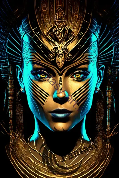 Highly detailed vector illustration of a Cyberpunk Egyptian Alien Empress Warrior with a beautiful symmetrical face on black background, showcasing a cyan and gold color scheme.