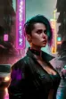 Detailed illustration of a female cyborg with glowing lines on her face in a beautiful synth-wave style. Cyberpunk art showcases a realistic art style and full-color digital illustration