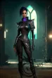 Fashionable strong woman posing in a knight's outfit in a cyberpunk church