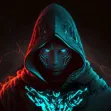 a hooded Electromancer in fantasy art, with glowing red and cyan eyes, neon glow and blacklight effects