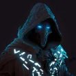 Infomorph in ornate cyberpunk robes with glowing blue mask and wires, illuminated by blacklight and neon glow.
