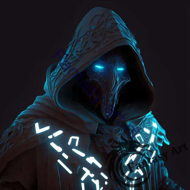 Infomorph in ornate cyberpunk robes with glowing blue mask and wires, illuminated by blacklight and neon glow.