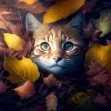 Hyperrealistic digital art of a cat in a pile of autumn leaves, surrounded by the colorful leaves of the autumn season