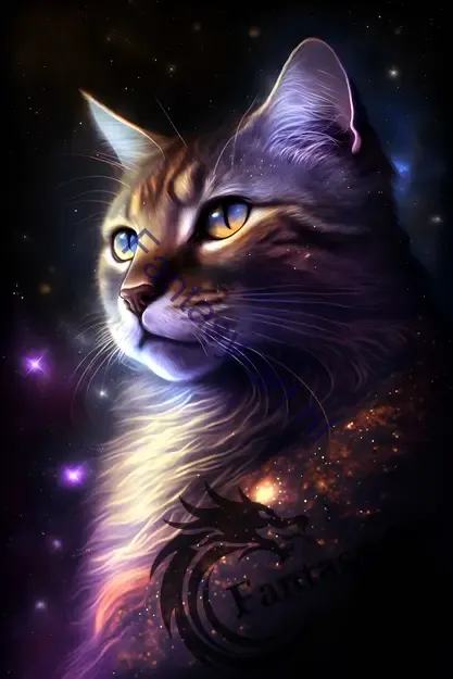 A close-up of a cat with stars in the background, standing next to a beautiful celestial mage in a stunning digital painting.