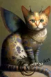Egyptian cat painting with butterfly wings and intricate detailing, adorned with precious stones.