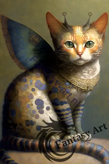 Egyptian cat painting with butterfly wings and intricate detailing, adorned with precious stones.