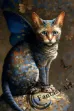 Detailed painting of a cat with butterfly wings sitting on a rock, showcasing surreal beauty and masterful technique.