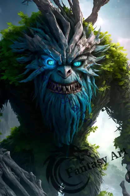  a tree monster with blue eyes and intricate details