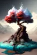 Earth Elemental with a tree sitting on top of a rock surrounded by water, featuring blue, white, and red mist