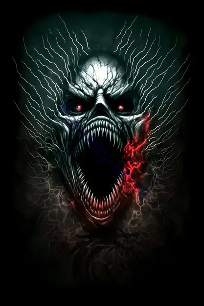 Fear-inducing demonic monster horror artwork featuring a scary face with a large mouth and sharp teeth