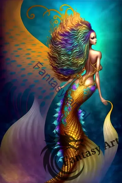 Mermaid with Golden Tail and Vibrant Colors, Kemetic Inspired Digital Art
