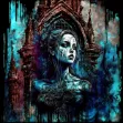 A detailed, ornate Baroque-Gothic style painting featuring a woman with blue paint on her face