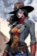 a brunette female gunslinger wearing a cowboy hat, standing proud and strong