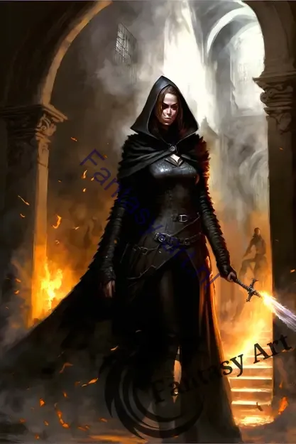  a gorgeous female warrior standing in a burning castle scene, wearing black leather armor and holding a sword