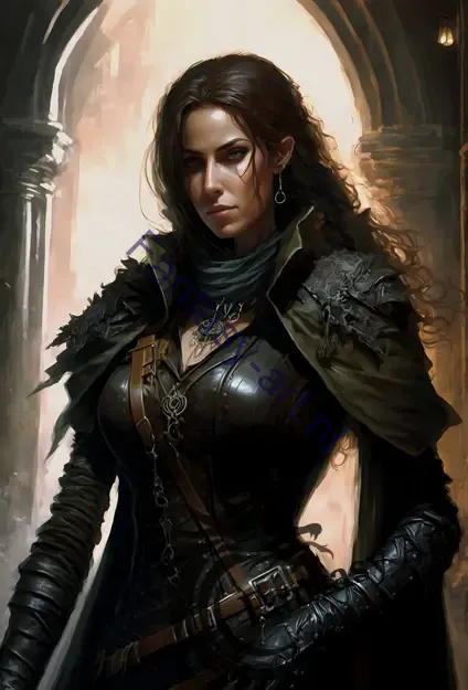 a female thief in black leather armor with intricate details on her leather robes.