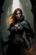 a female redhead templar holding a sword in a dark castle painted in dark moody colors with highlights of orange