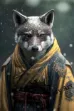 an anthropomorphic wolf monk-samurai wearing a yellow costume, featuring a frozen cold stare and set against a snowy landscape