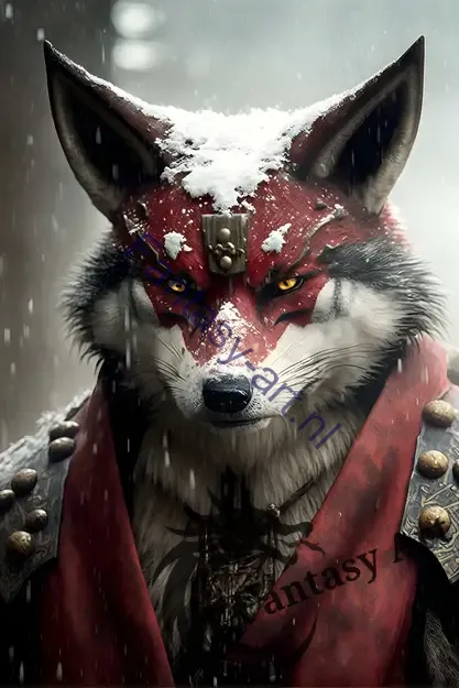 an anthropomorphic wolf monk-samurai, the red ninja, wearing a costume with a red scarf,