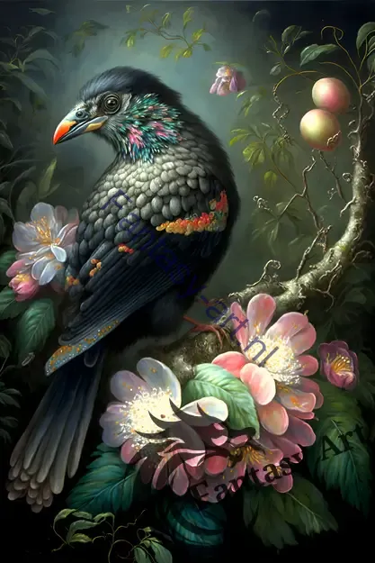  a bird sitting on a branch of a manuka tree in front of a dark vignette and black rococo accents