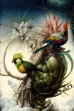 A striking airbrush painting showing two parrots perched atop a tropical tree with highly detailed foliage surrounding them.