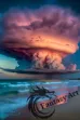 A breathtaking view of bioluminescent storm clouds hanging over a beach with the ocean in the background. 