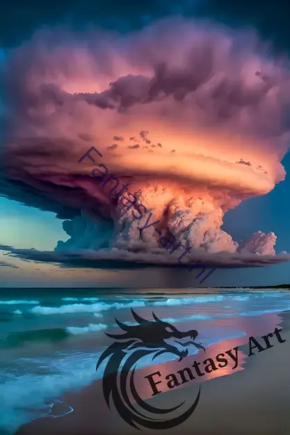 A breathtaking view of bioluminescent storm clouds hanging over a beach with the ocean in the background. 