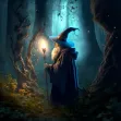 a fantasy wizard holding a torch in a mystical forest