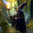 a fantasy wizard holding a magic wand and casting a holy flame spell in a forest surrounded by trees