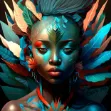  a beautiful African goddess of nature with leaves on her head and nice deep colors with teal reflections on the skin.