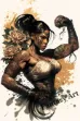 Watercolor art of a black female boxer with tattoos striking a heroic Muay-Thai pose