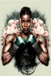 a black female boxer wearing boxing gloves in a battle pose, with street art and tattoo style elements, symbolizing the strength and resilience of muscular warrior women
