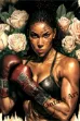Art Nouveau Painting of Black Female Boxer with Brown-Red Boxing Gloves and White Roses