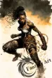  a black female boxer in a heroic Muay Thai stance, with dirt-stained skin and voodoo elements