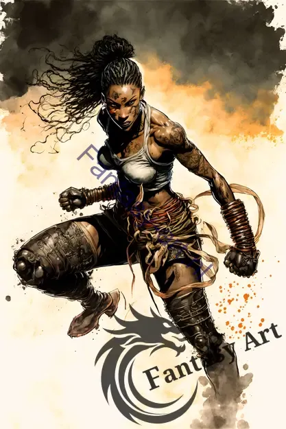  a black female boxer in a heroic Muay Thai stance, with dirt-stained skin and voodoo elements