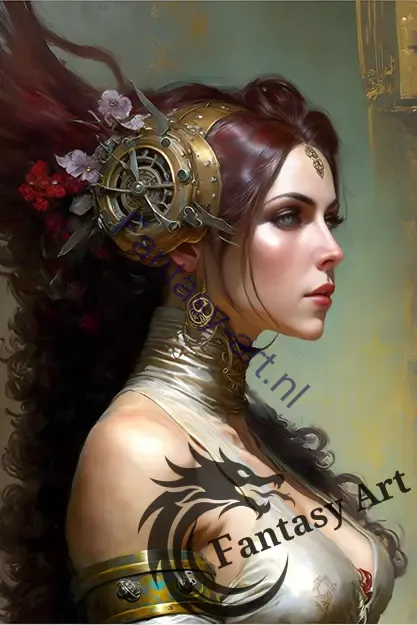 Closeup portrait of a steampunk artificer with clockwork-like details in her hair.