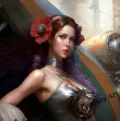 A woman standing in front of a large industrial machine with red flowers in her hair, Victorian-style steampunk artwork.