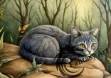 Mesmerizing color pencil illustration of a cat sitting on a rock in a forest, bathed in soft, dappled sunlight.