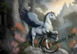 Majestic white Hippogriff on rocky cliff with mountain forest in the background